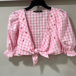 Zara pink cropped check gingham front knot poplin size XS